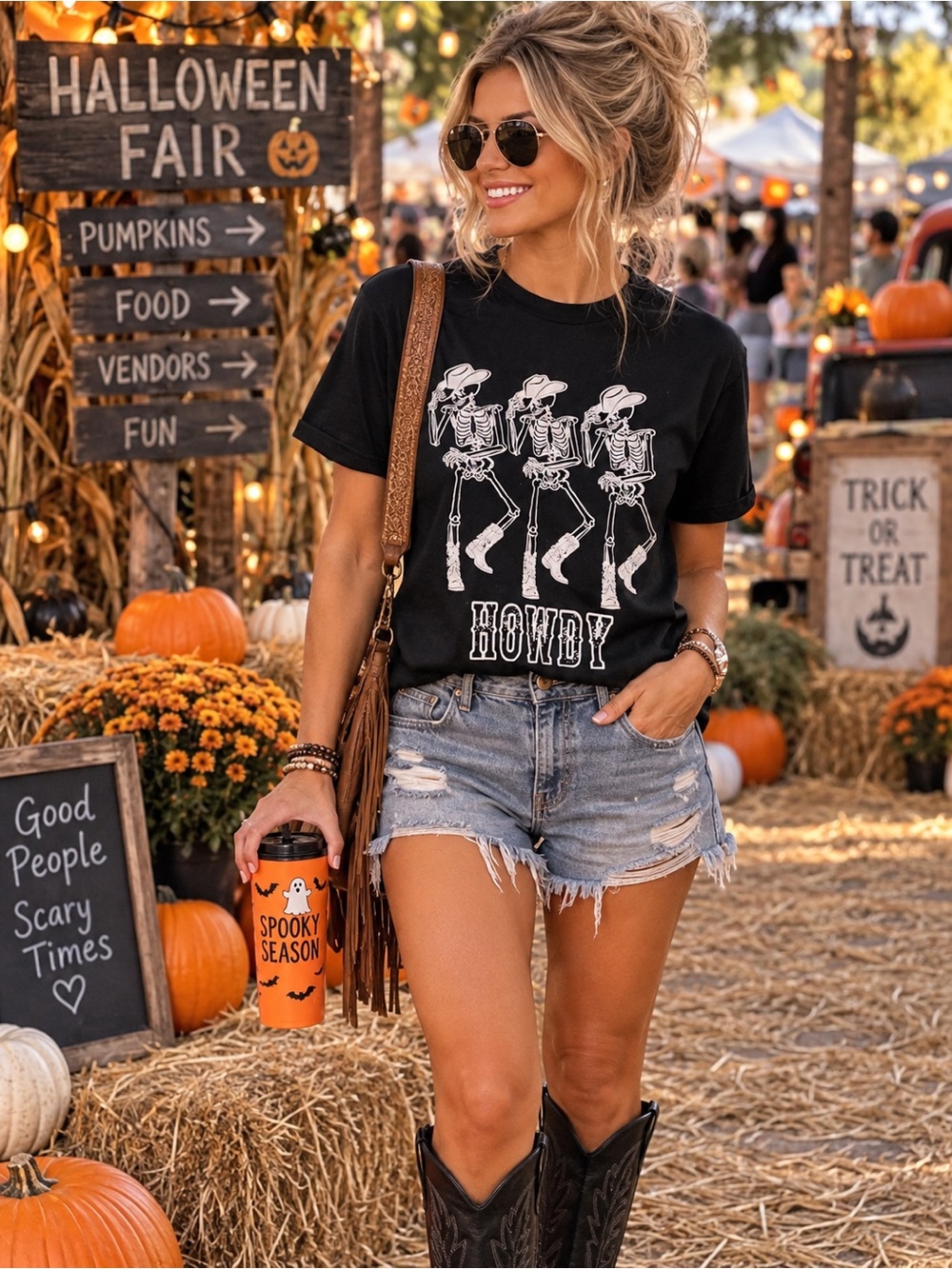 Black Halloween 'Howdy' Skeleton Cowboy Graphic Tee